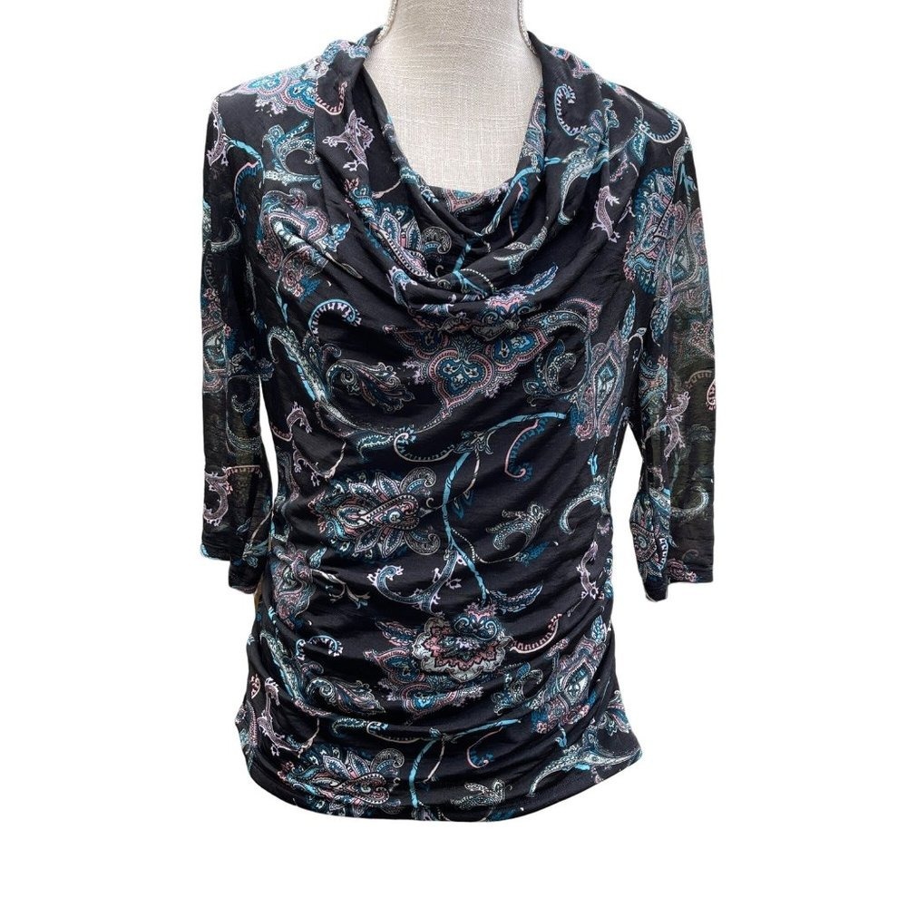 Dana Buchman Paisley Cowl Neck Ruched Top Womens S Black 3/4 Sleeve Stretch Knit